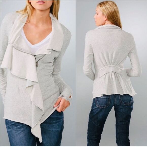 Free people small top jacket sweatshirt zipper up ruffle distressed grey - Picture 2 of 6